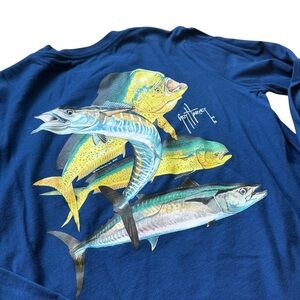 Guy Harvey Fishing Shirt Long Sleeve Pocket Tee Blue Mahi Wahoo Marlin Graphic S